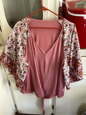 Women’s Dusty Rose Tie-Front V-Neck Dress with Floral Kimono Sleeves